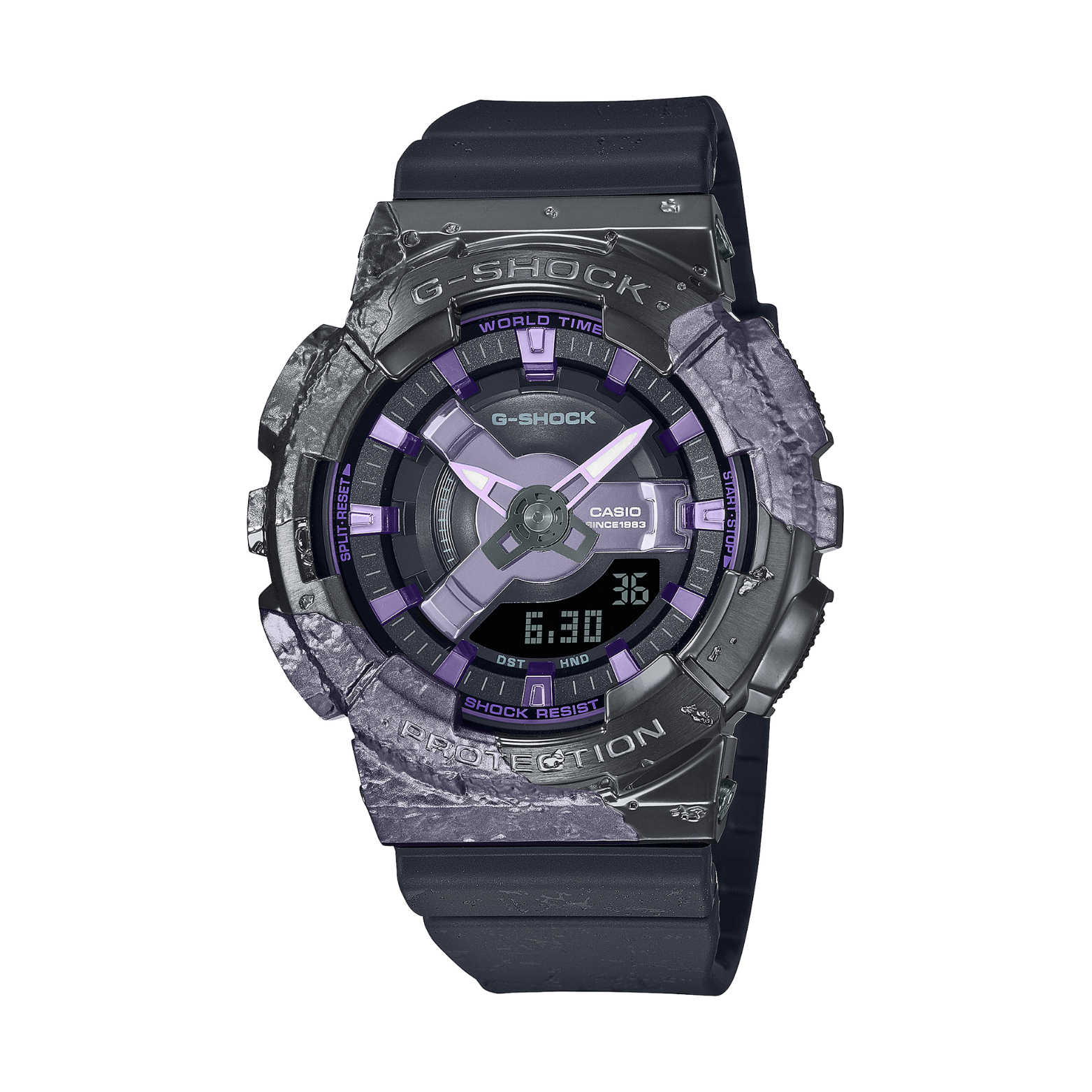 A CASIO G-SHOCK watch with a black band and ion plated bezel in purple, featuring a digital display and analog hands.