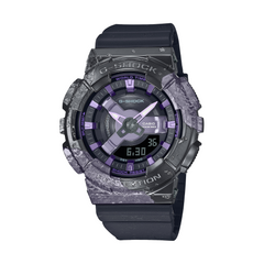A CASIO G-SHOCK watch with a black band and ion plated bezel in purple, featuring a digital display and analog hands.