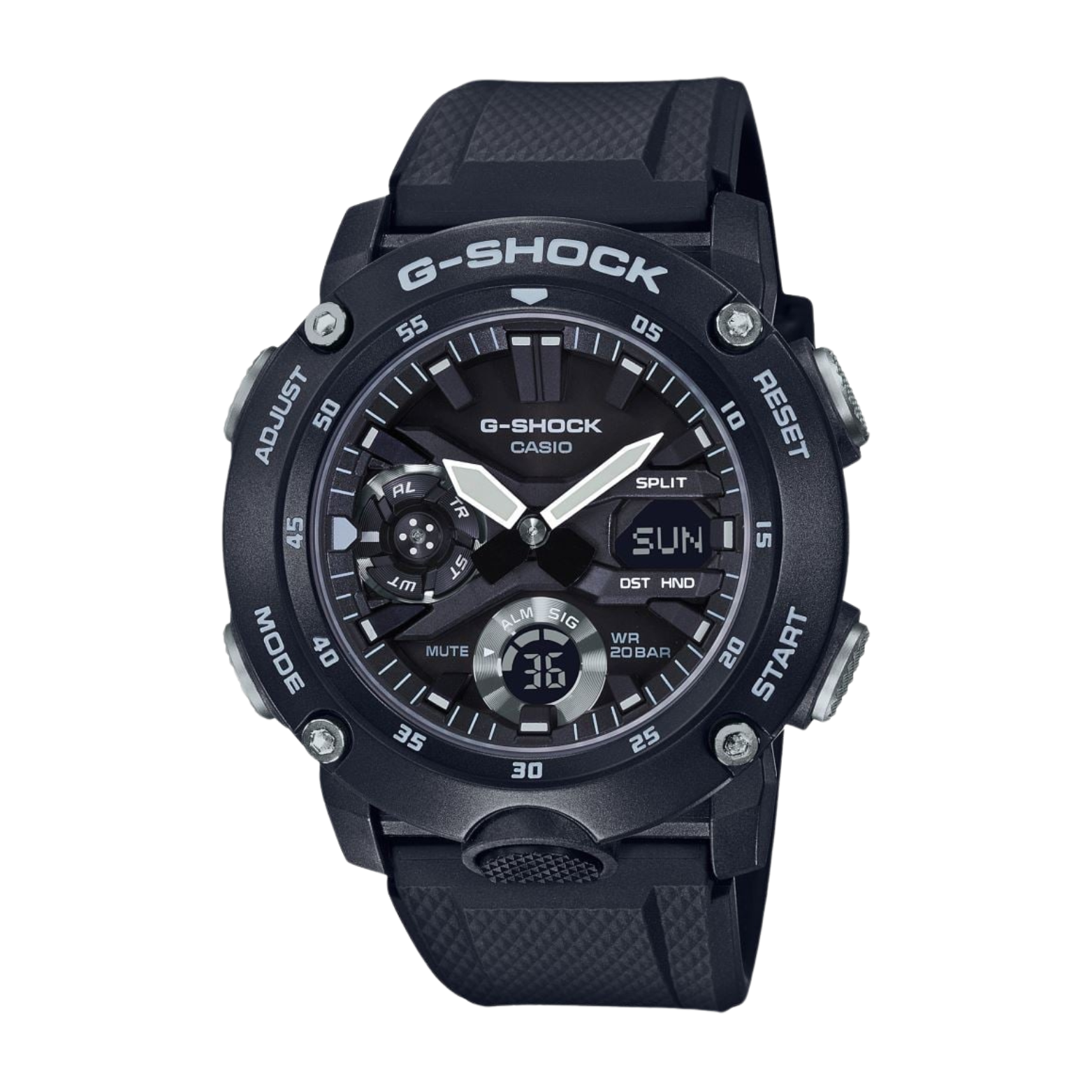 A black CASIO G-SHOCK watch with an analog dial and resin band.