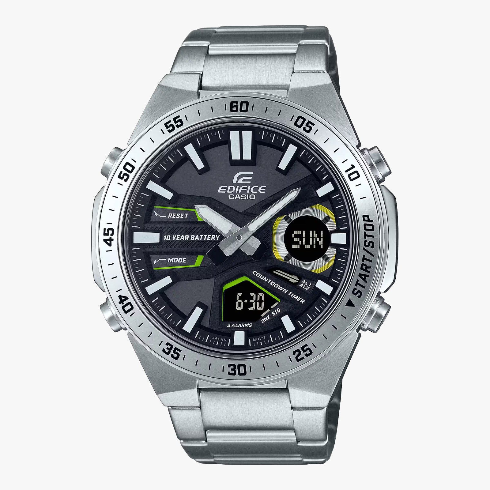 A Casio Edifice EFV-C110D-1A3VDF watch with a stainless steel band and a digital-analog display showing time, date, and various watch features.