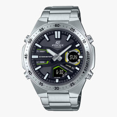 A Casio Edifice EFV-C110D-1A3VDF watch with a stainless steel band and a digital-analog display showing time, date, and various watch features.