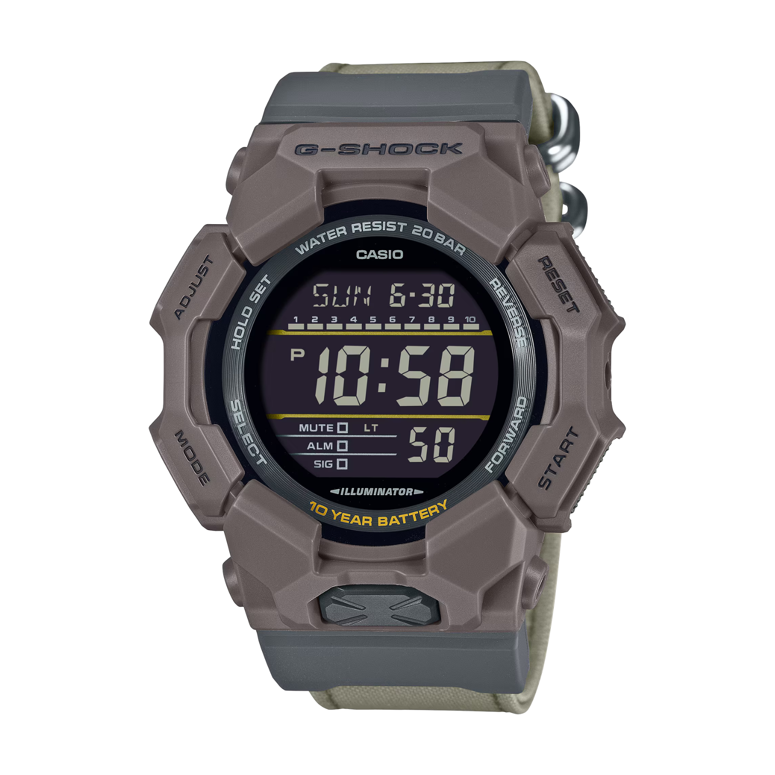 G-Shock digital watch with brown and gray color scheme on a white background