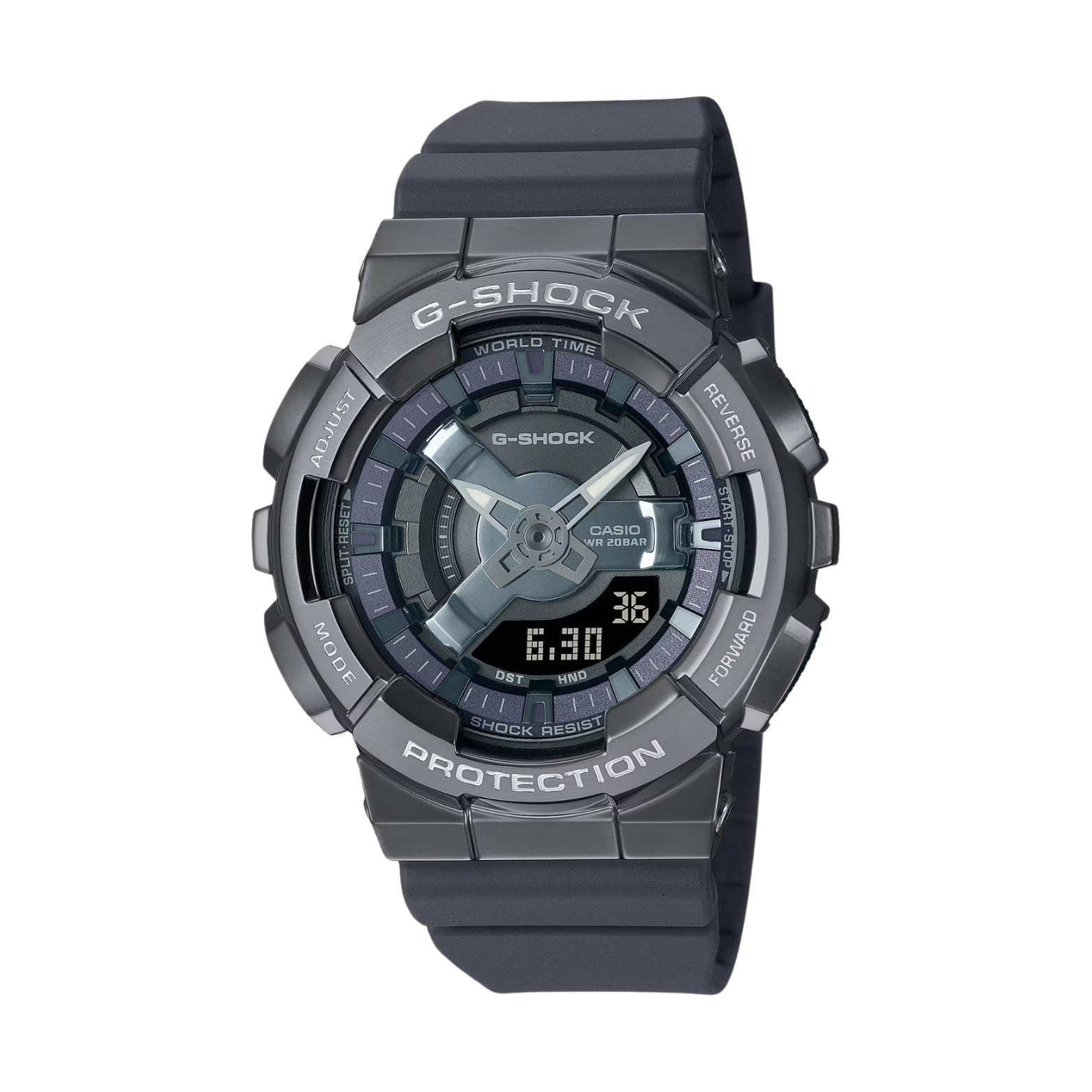 A black CASIO G-SHOCK watch with a gray ion plated bezel, digital display, and resin band.