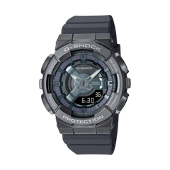 A black CASIO G-SHOCK watch with a gray ion plated bezel, digital display, and resin band.