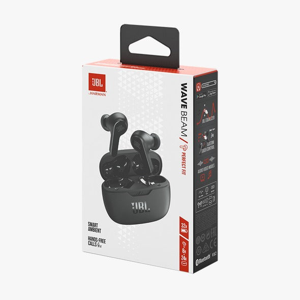 JBL Wave Beam wireless earbuds packaging on a white background