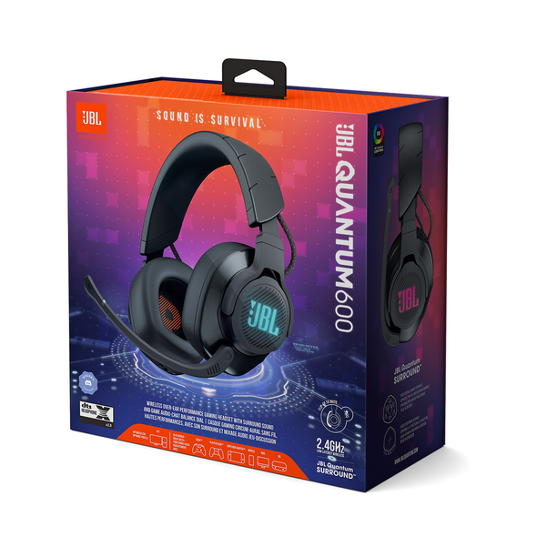 Boxed JBL Quantum 600 wireless over-ear gaming headset with surround sound and game-chat features displayed on the packaging.