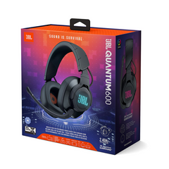 Boxed JBL Quantum 600 wireless over-ear gaming headset with surround sound and game-chat features displayed on the packaging.