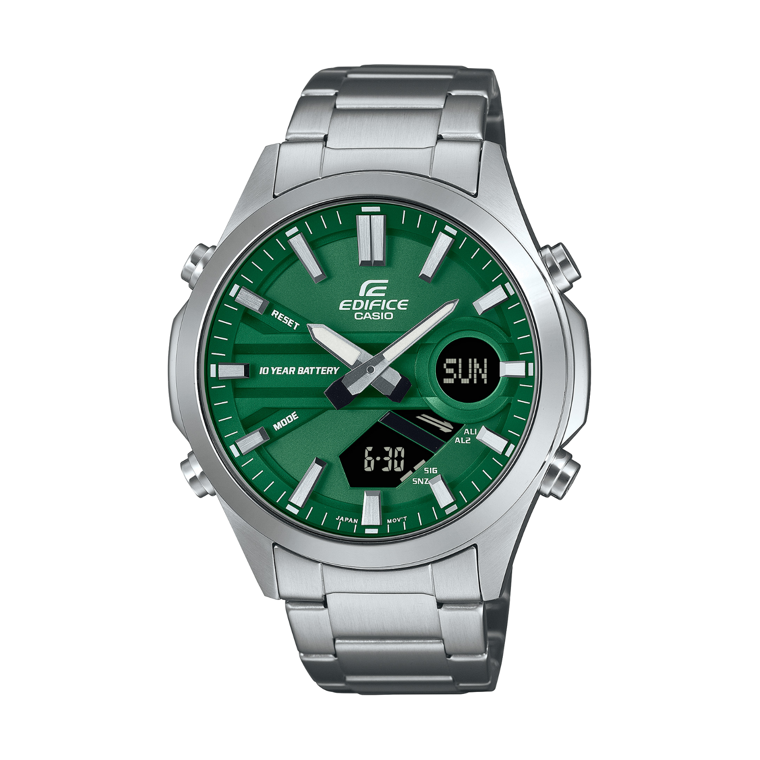 Casio Edifice watch with green face and silver strap on a white background