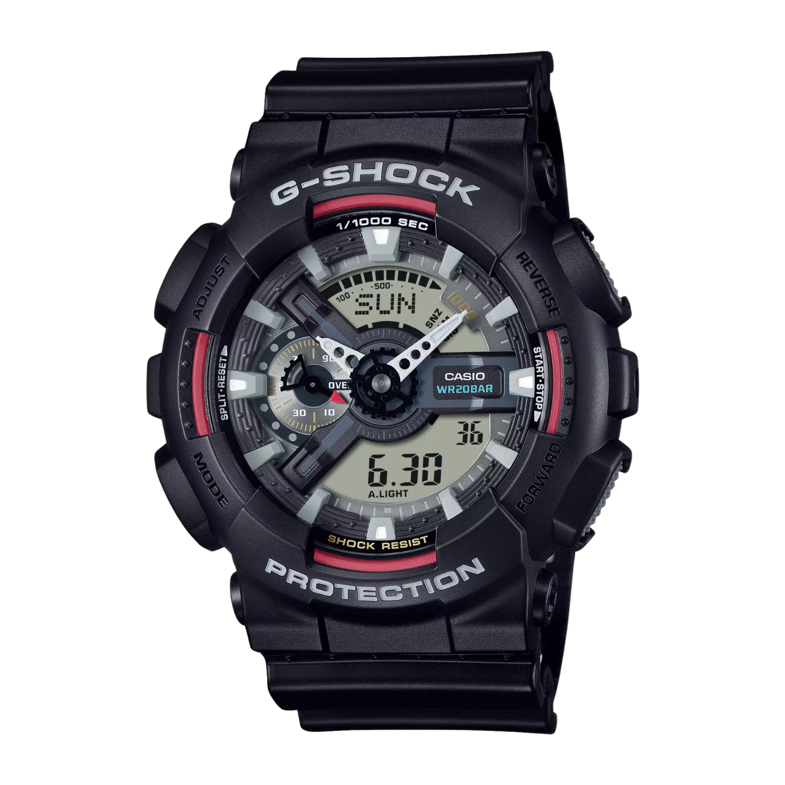 A black CASIO G-SHOCK analog-digital watch with a resin band and digital display showing time, date, and various watch features.