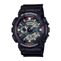 A black CASIO G-SHOCK analog-digital watch with a resin band and digital display showing time, date, and various watch features.