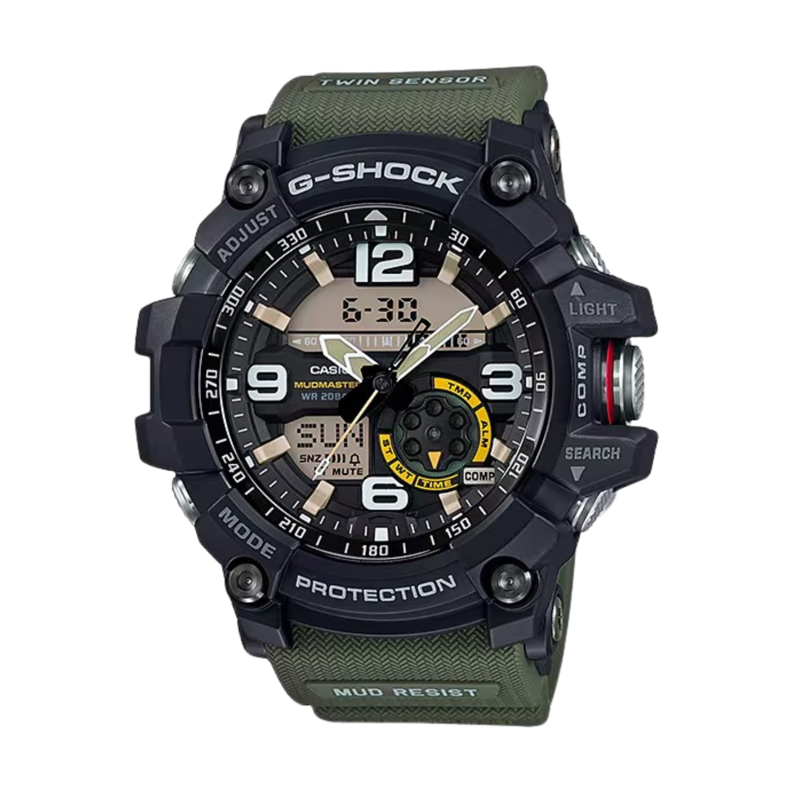 A CASIO G-SHOCK watch with a black case and green band, featuring a digital display and multiple watch hands.