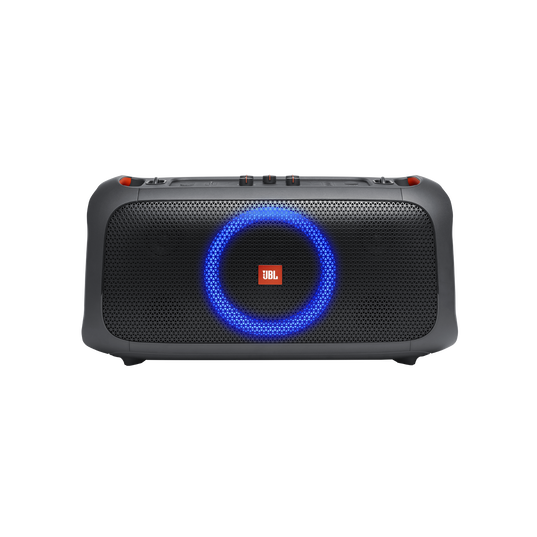 A portable Bluetooth speaker with a prominent JBL logo, a circular light show feature in blue, and product inputs and outputs visible on the front.
