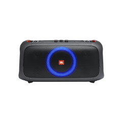 A portable Bluetooth speaker with a prominent JBL logo, a circular light show feature in blue, and product inputs and outputs visible on the front.