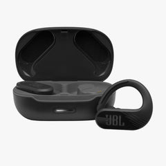 JBL Endurance Peak II true wireless in-ear sport headphones in black color with a charging case.