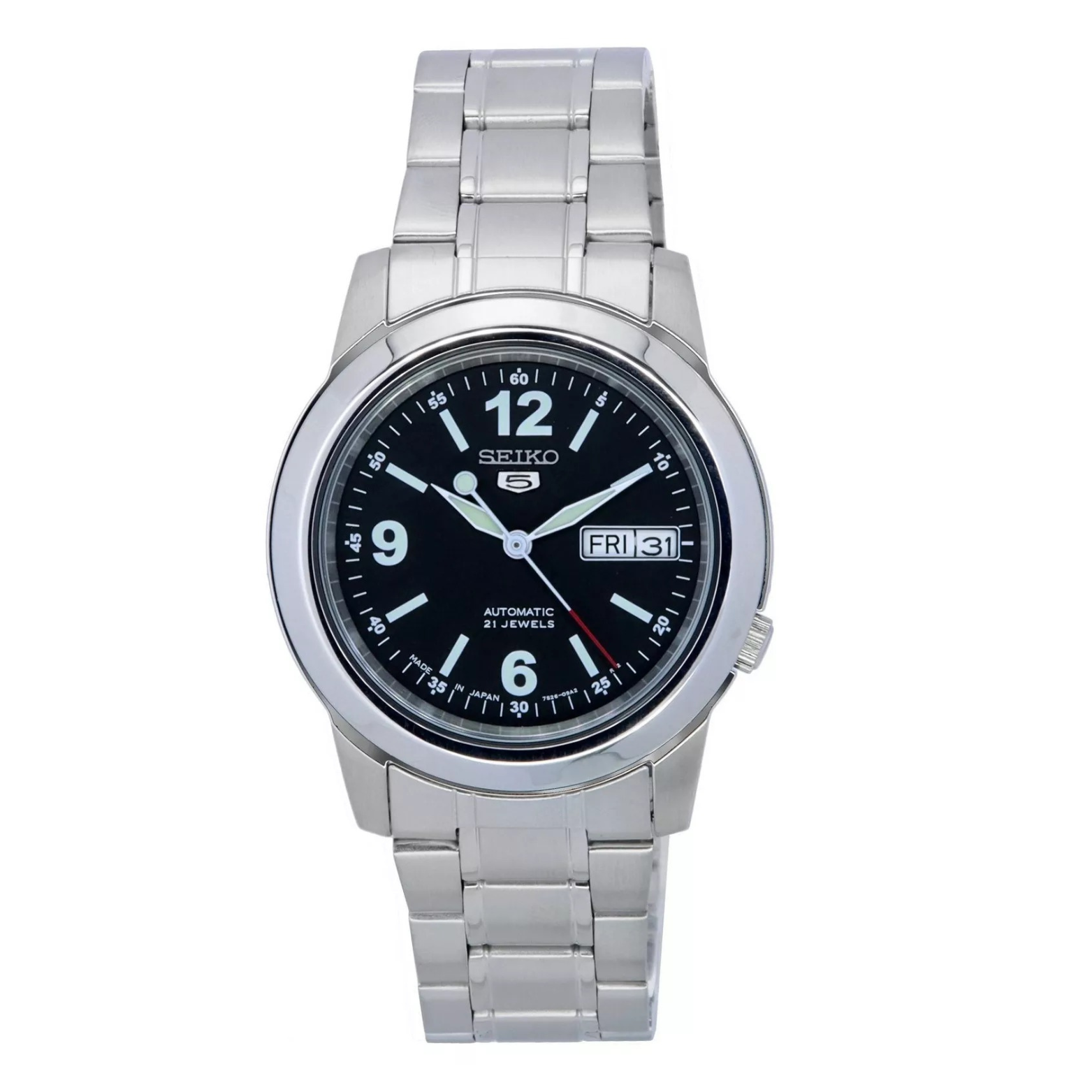 A Seiko 5 Automatic men's watch with a black dial and stainless steel band and case.