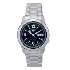 A Seiko 5 Automatic men's watch with a black dial and stainless steel band and case.