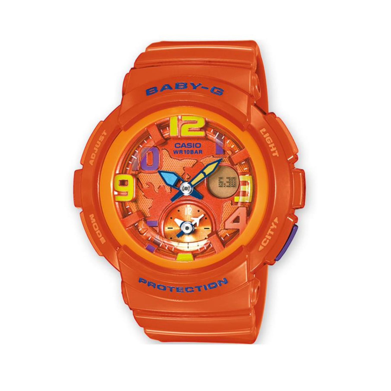 A Casio G-Shock BGA-190-4BDR watch with a bright orange band and casing, featuring a colorful dial and digital display.