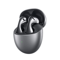 Wireless earbuds in a charging case on a white background