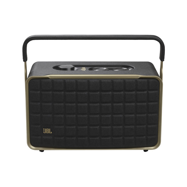 A black JBL Authentics 300 Bluetooth speaker with a leather-like enclosure and a metal handle.