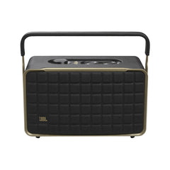 A black JBL Authentics 300 Bluetooth speaker with a leather-like enclosure and a metal handle.