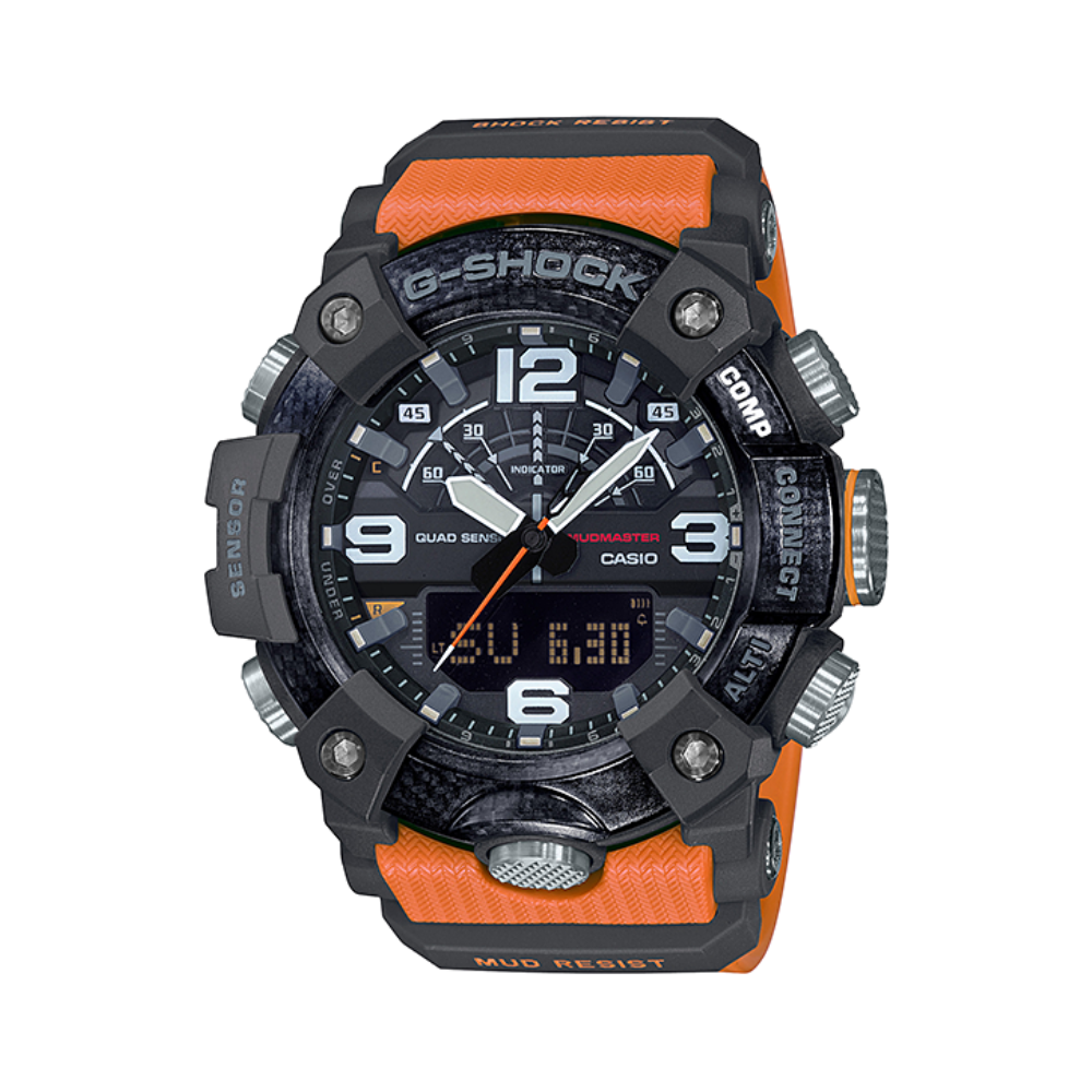 Casio G-Shock watch with black and orange design on a white background