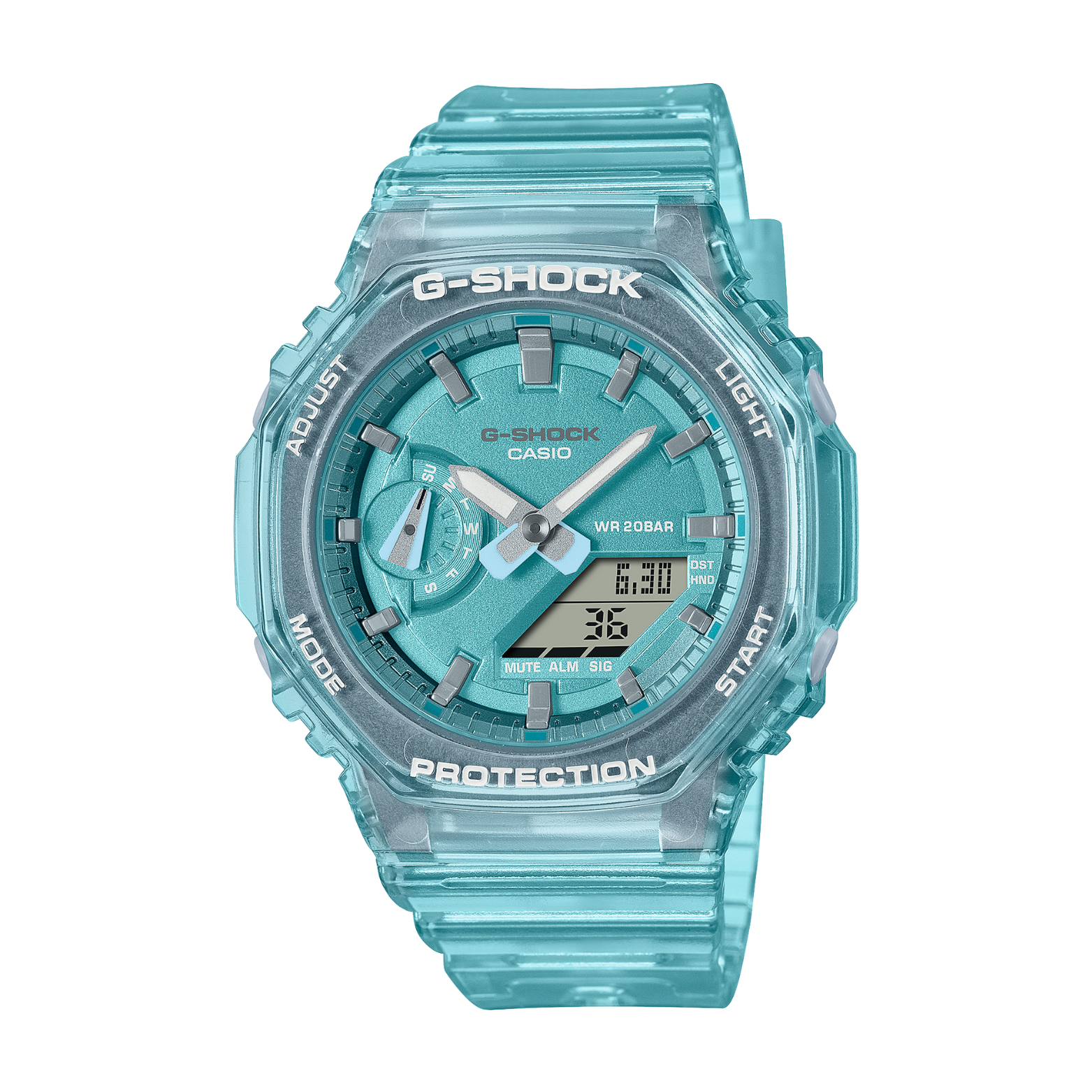 A green CASIO G-SHOCK watch with an analog-digital display, LED light, and resin band.