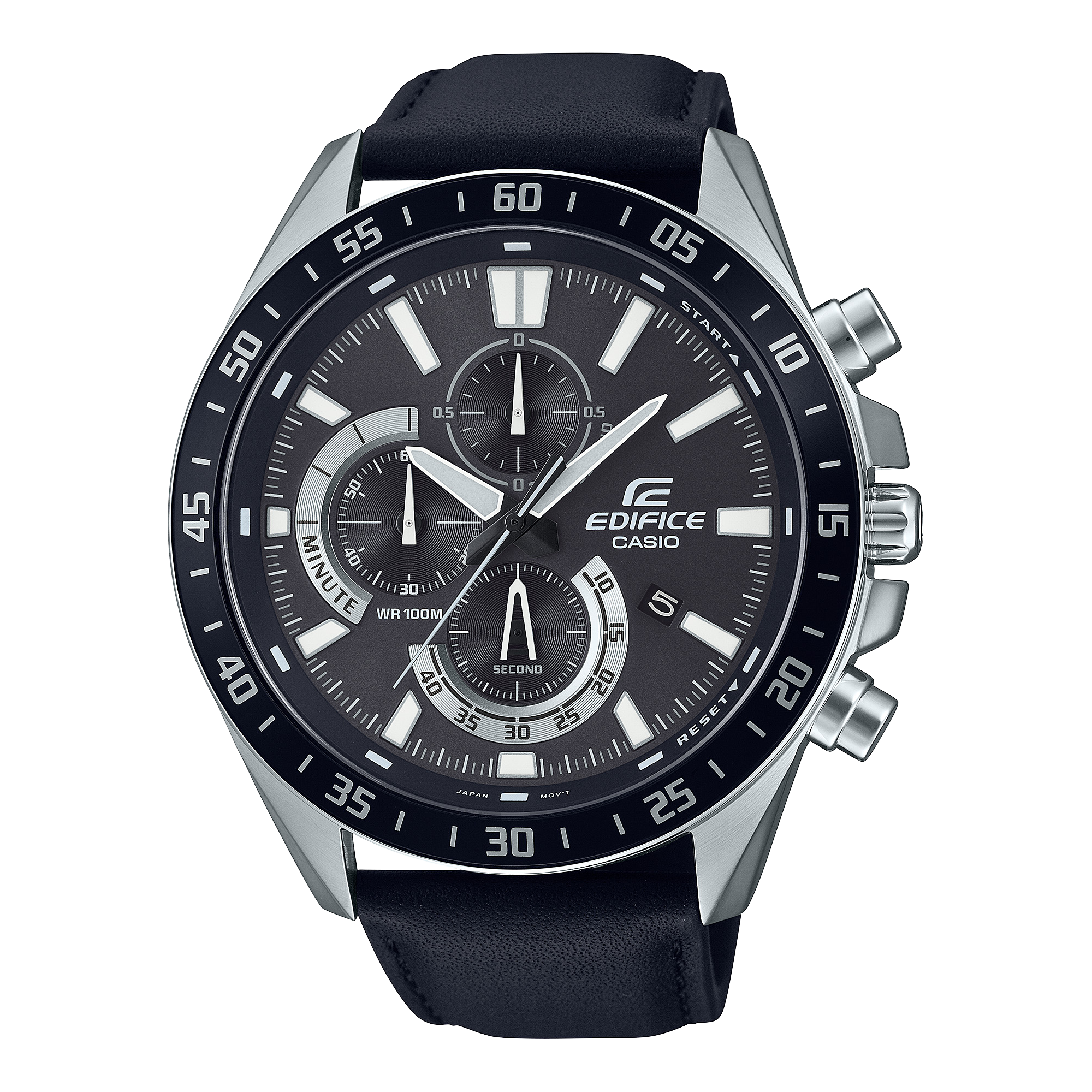 A Casio Edifice EFV-620L-1AVUDF watch with a black band, black dial, and silver case.