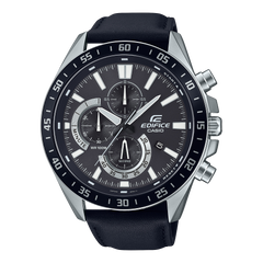 A Casio Edifice EFV-620L-1AVUDF watch with a black band, black dial, and silver case.