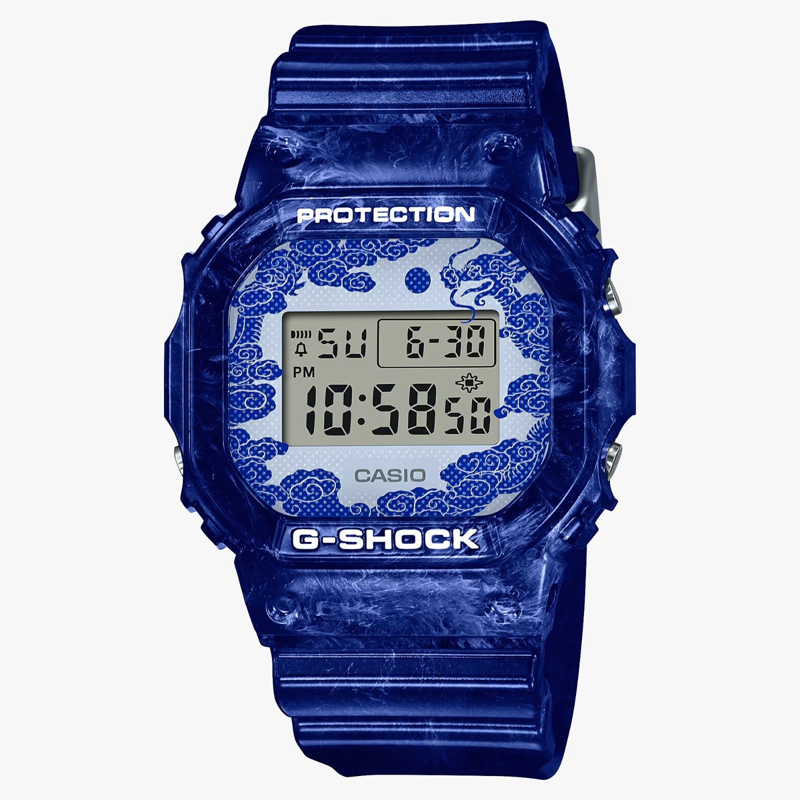 A CASIO G-SHOCK digital watch with a blue patterned band and dial, featuring a digital display and the G-SHOCK logo.