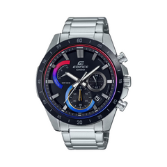 A Casio Edifice analog watch with a stainless steel band and a black ion plated bezel, displaying a multicolored dial and date display.