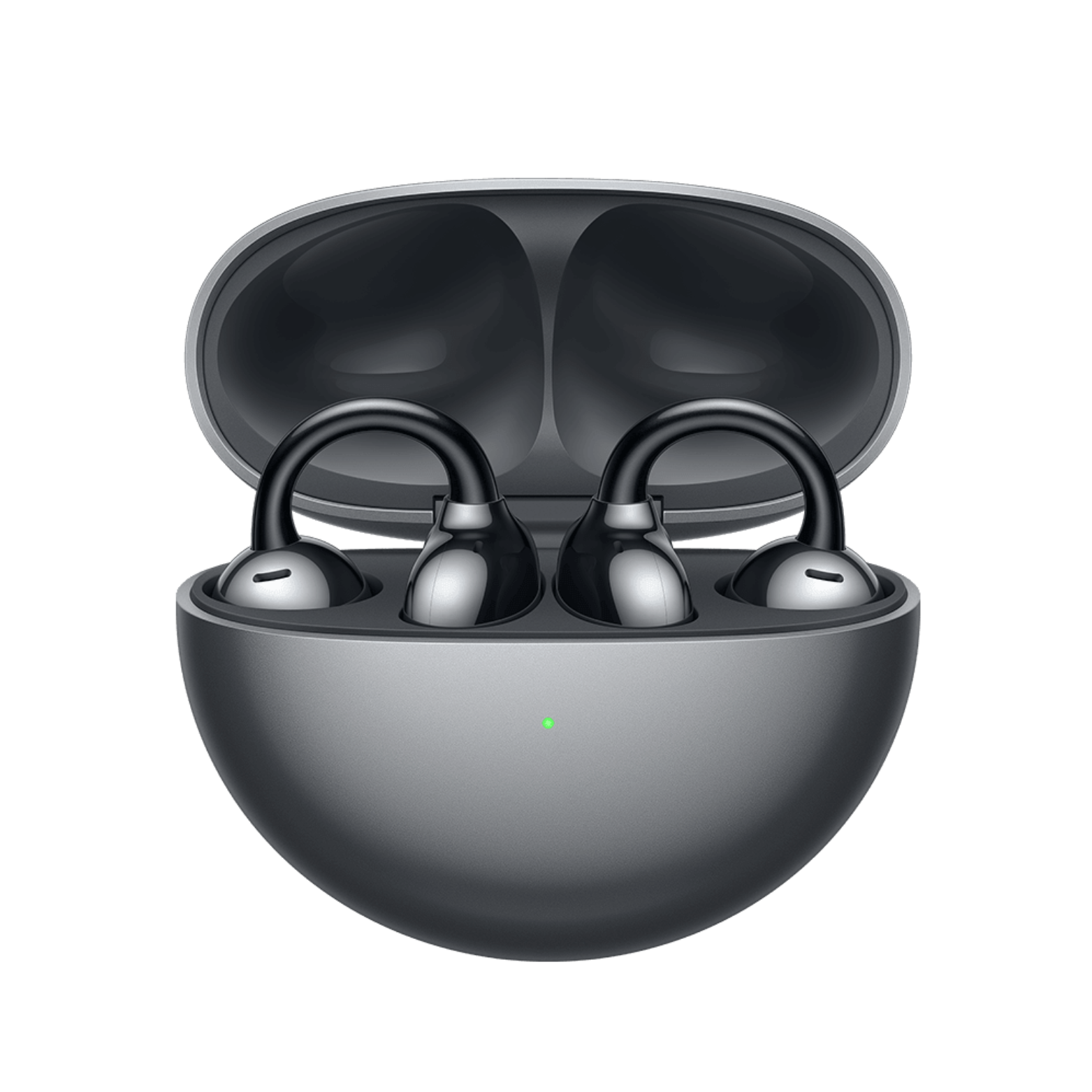 A pair of HUAWEI FREE CLIP wireless earbuds in black color, placed inside an open charging case.
