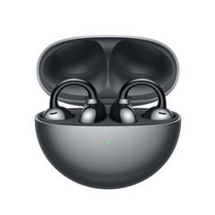 A pair of HUAWEI FREE CLIP wireless earbuds in black color, placed inside an open charging case.