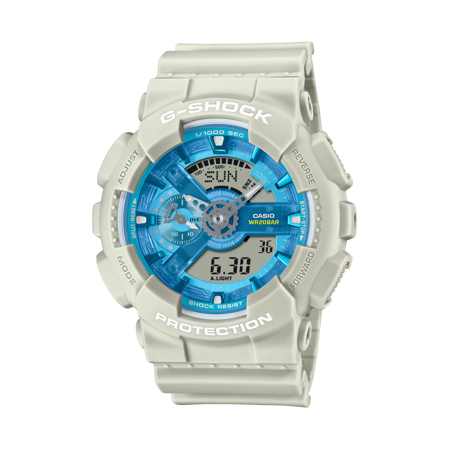 G-Shock watch with blue face and gray case on a white background