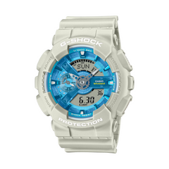 G-Shock watch with blue face and gray case on a white background