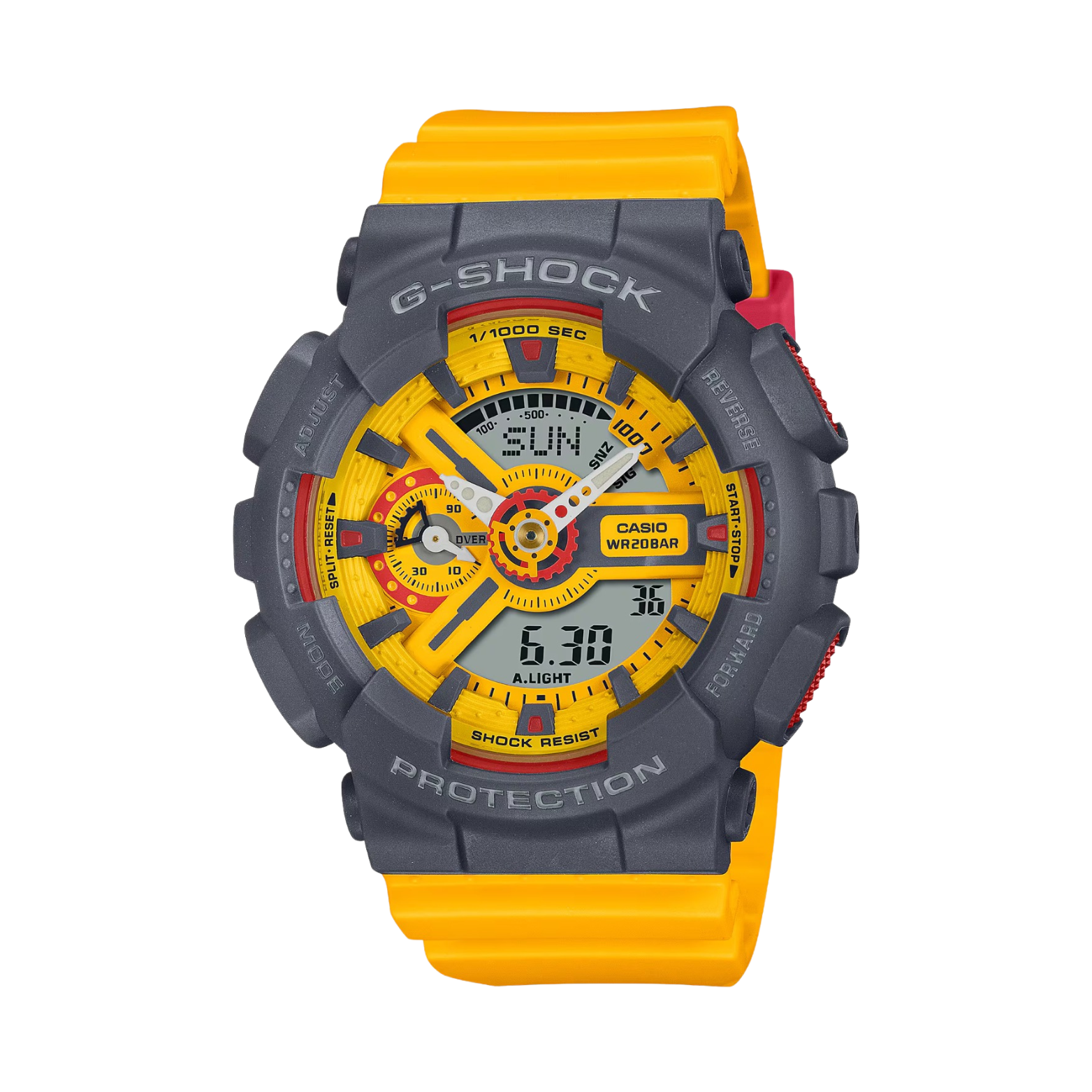 A Casio G-Shock watch with a gray case and yellow band, featuring a digital display and multiple watch hands.
