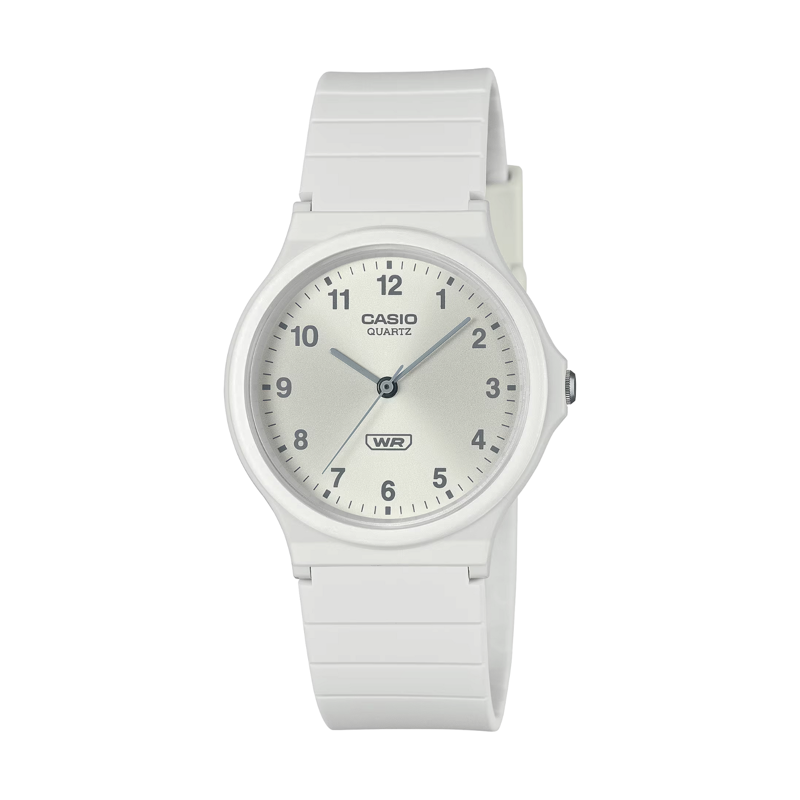 White Casio watch with a white strap on a white background