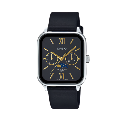 A Casio analog watch with a black leather band, silver case, and a black dial featuring Roman numerals and multiple subdials.