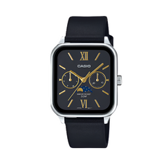 A Casio analog watch with a black leather band, silver case, and a black dial featuring Roman numerals and multiple subdials.