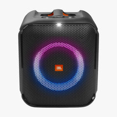 A portable JBL PartyBox Encore Essential speaker with multicolored LED light ring around the front.