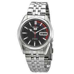 A Seiko watch with a black dial and silver stainless steel band.