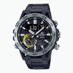 A Casio Edifice ECB-40DC-1ADF watch with a black band and ion-plated black case, featuring a digital display and analog watch face.