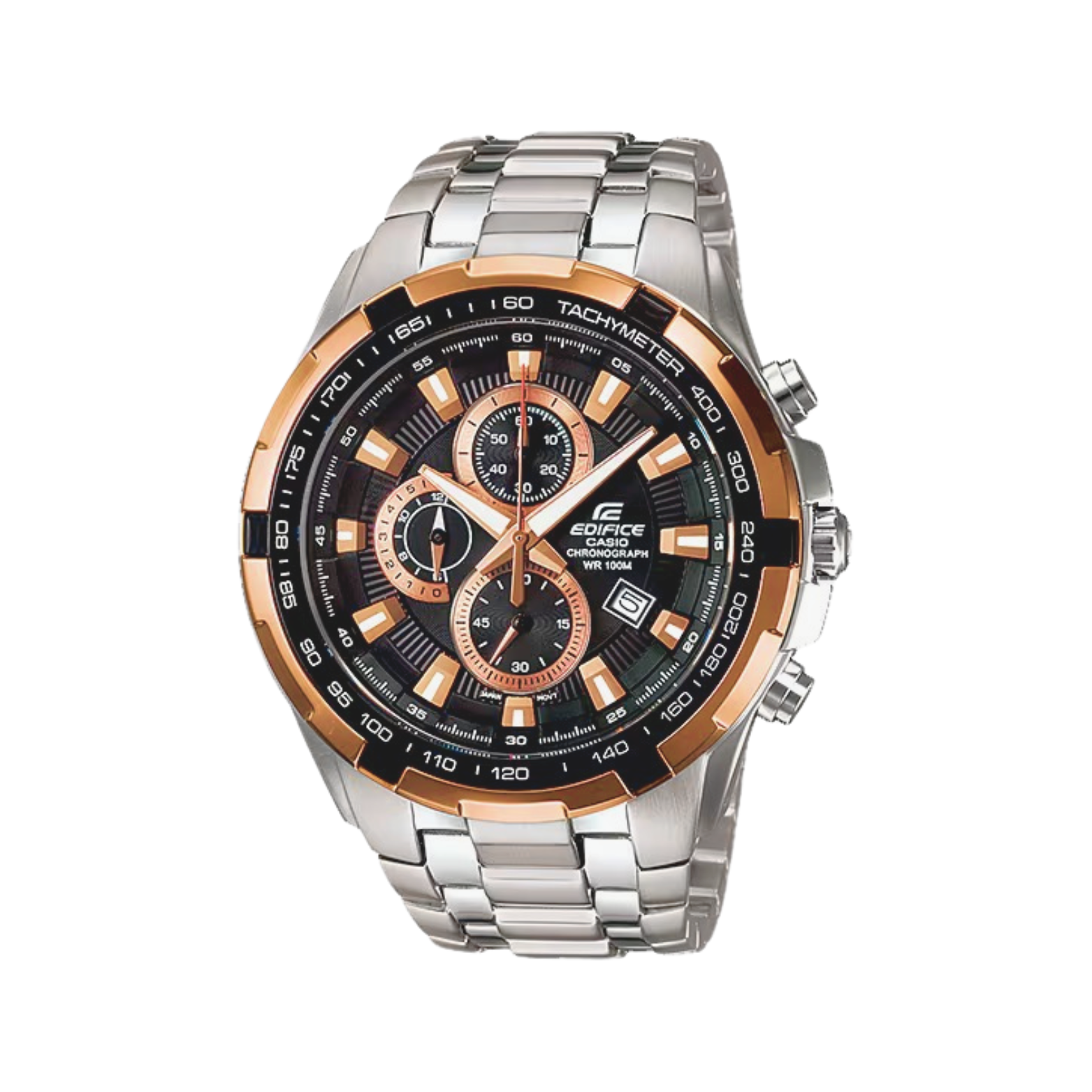 A Casio Edifice EF-539D-1A5VUDF watch with a stainless steel band and a black and silver ion-plated case.