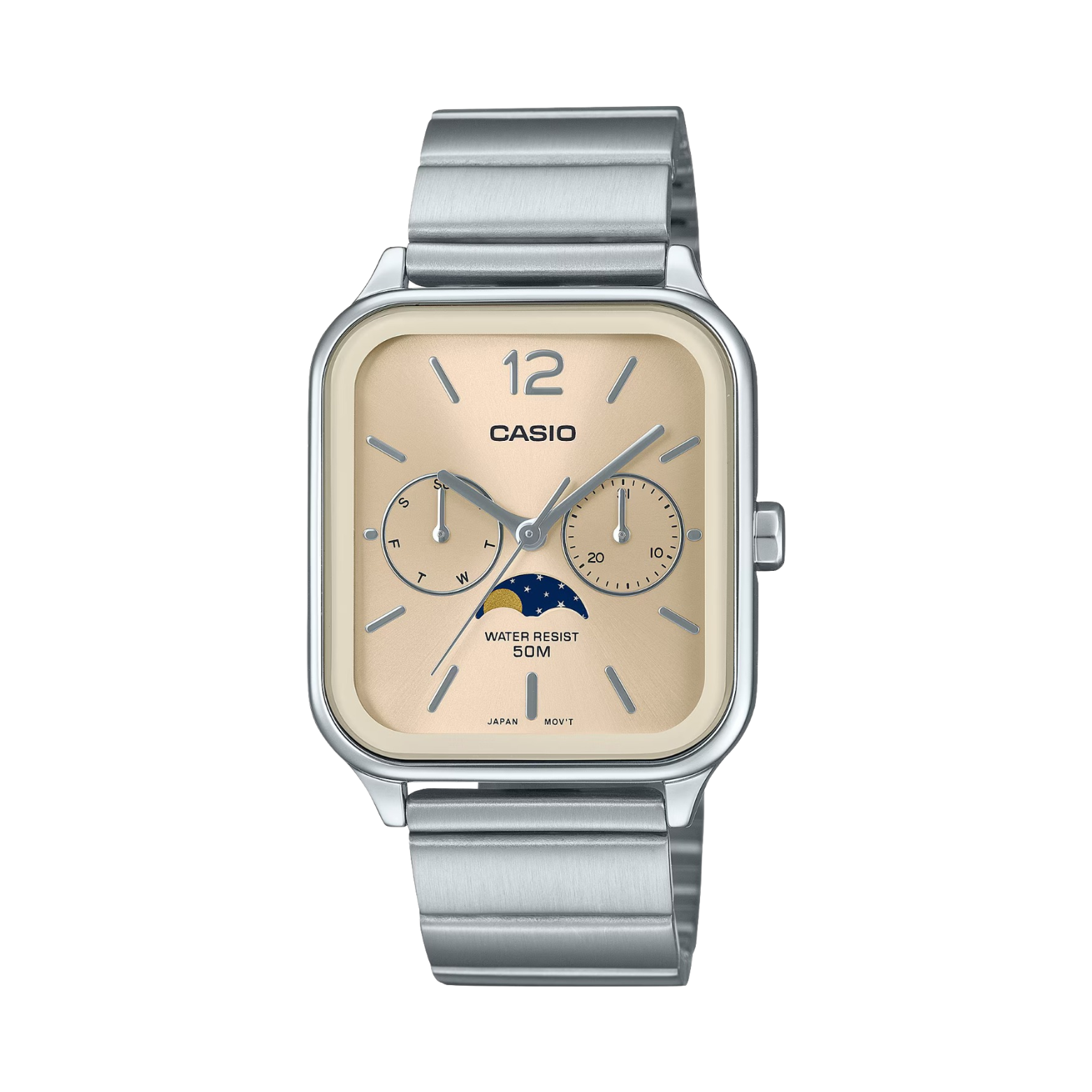 A Casio analog watch with a silver stainless steel band and case, featuring a two-tone gold and silver analog dial with a moon phase display.