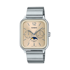 A Casio analog watch with a silver stainless steel band and case, featuring a two-tone gold and silver analog dial with a moon phase display.
