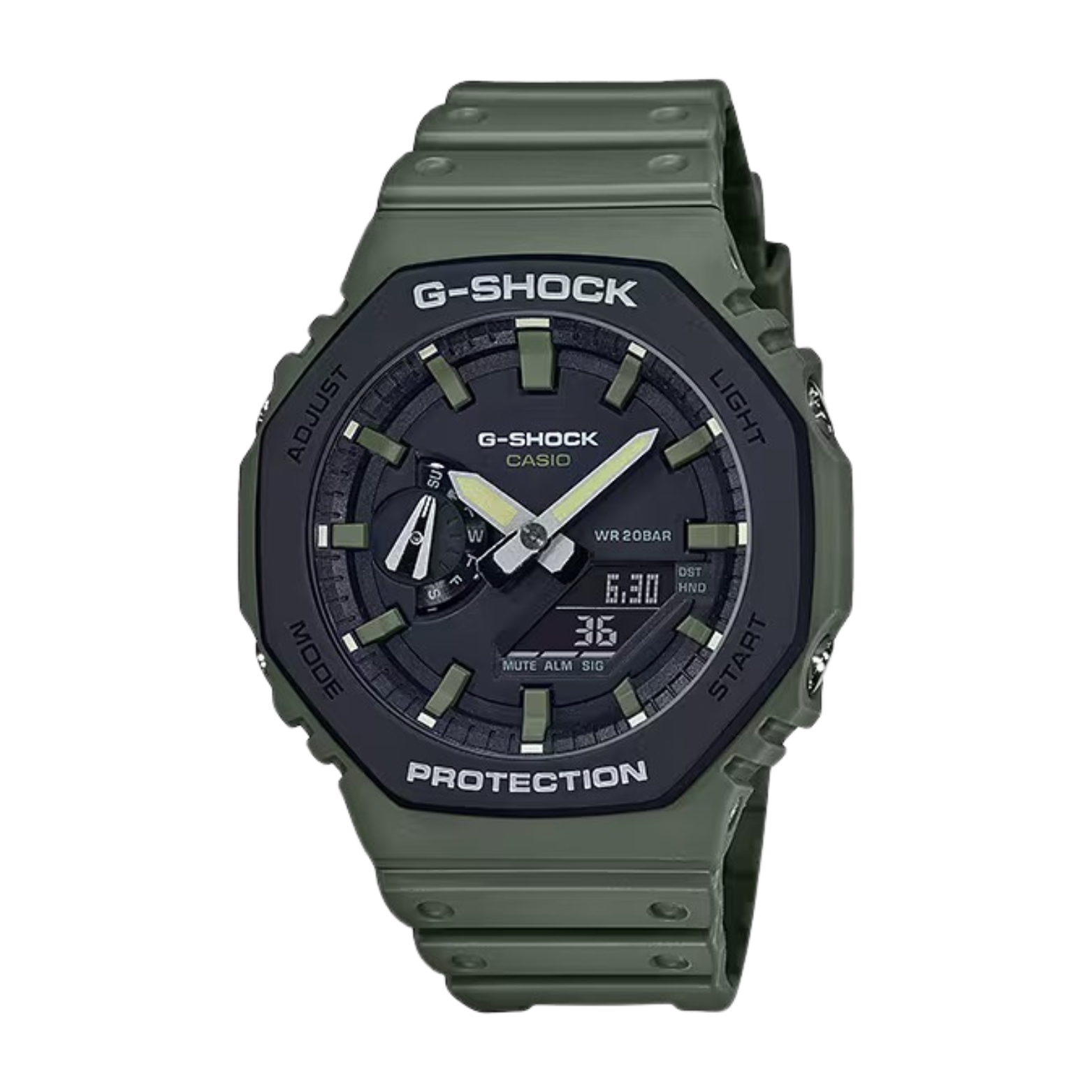 A green CASIO G-SHOCK watch with an analog dial and resin band.