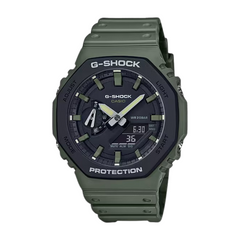 A green CASIO G-SHOCK watch with an analog dial and resin band.