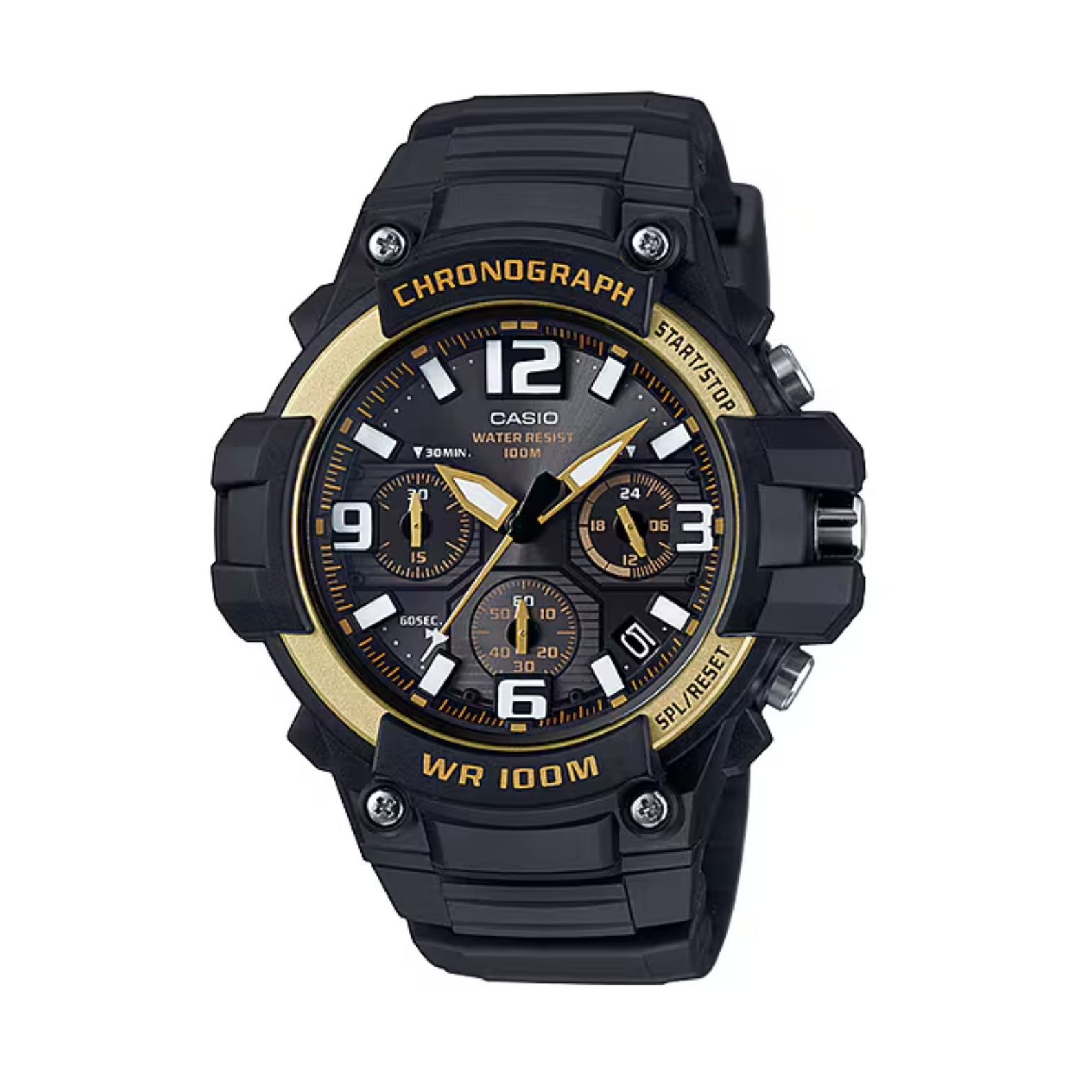 Black and gold Casio chronograph watch on a white background