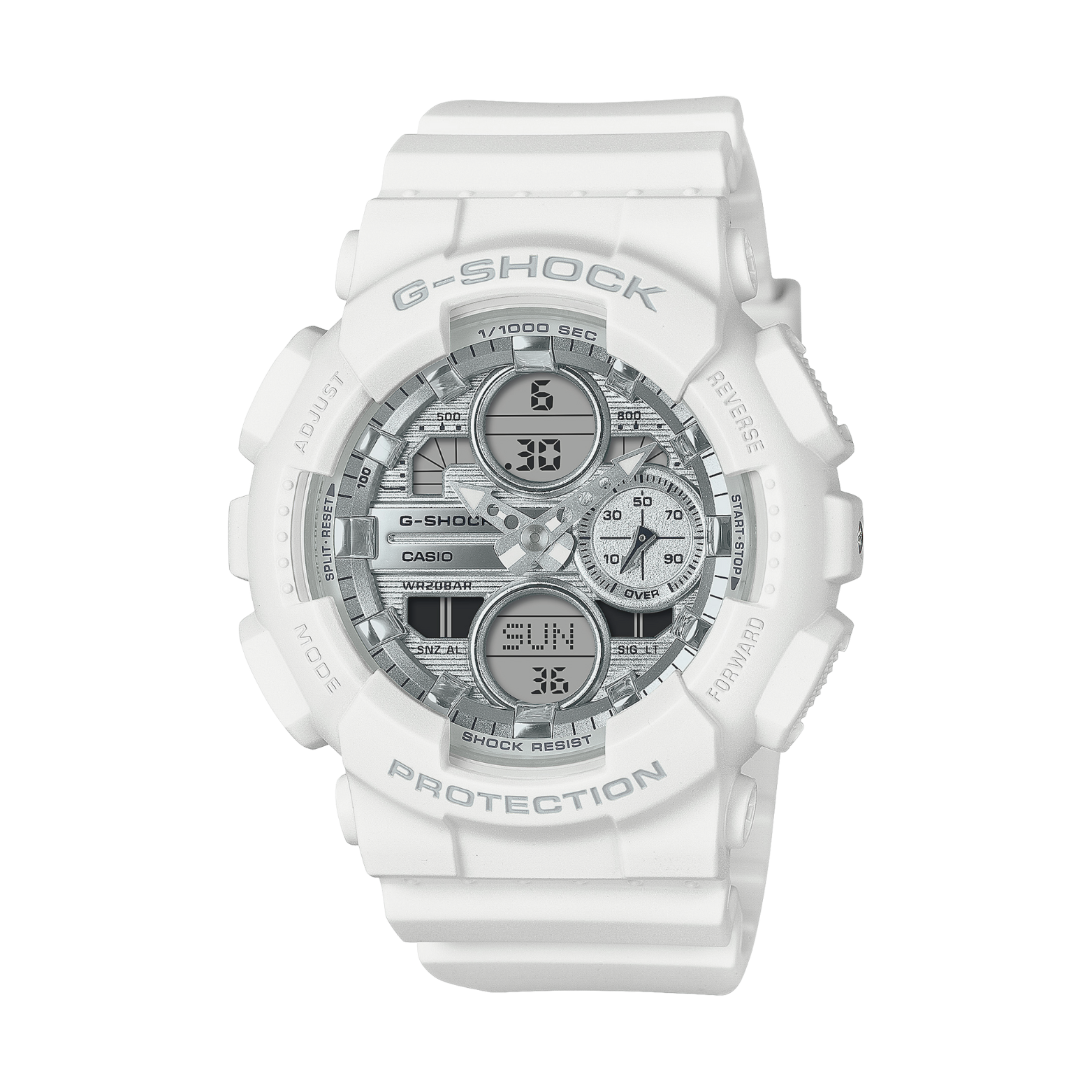 A white CASIO G-SHOCK watch with a resin band and digital display, showing features such as a stopwatch and world time functionality.