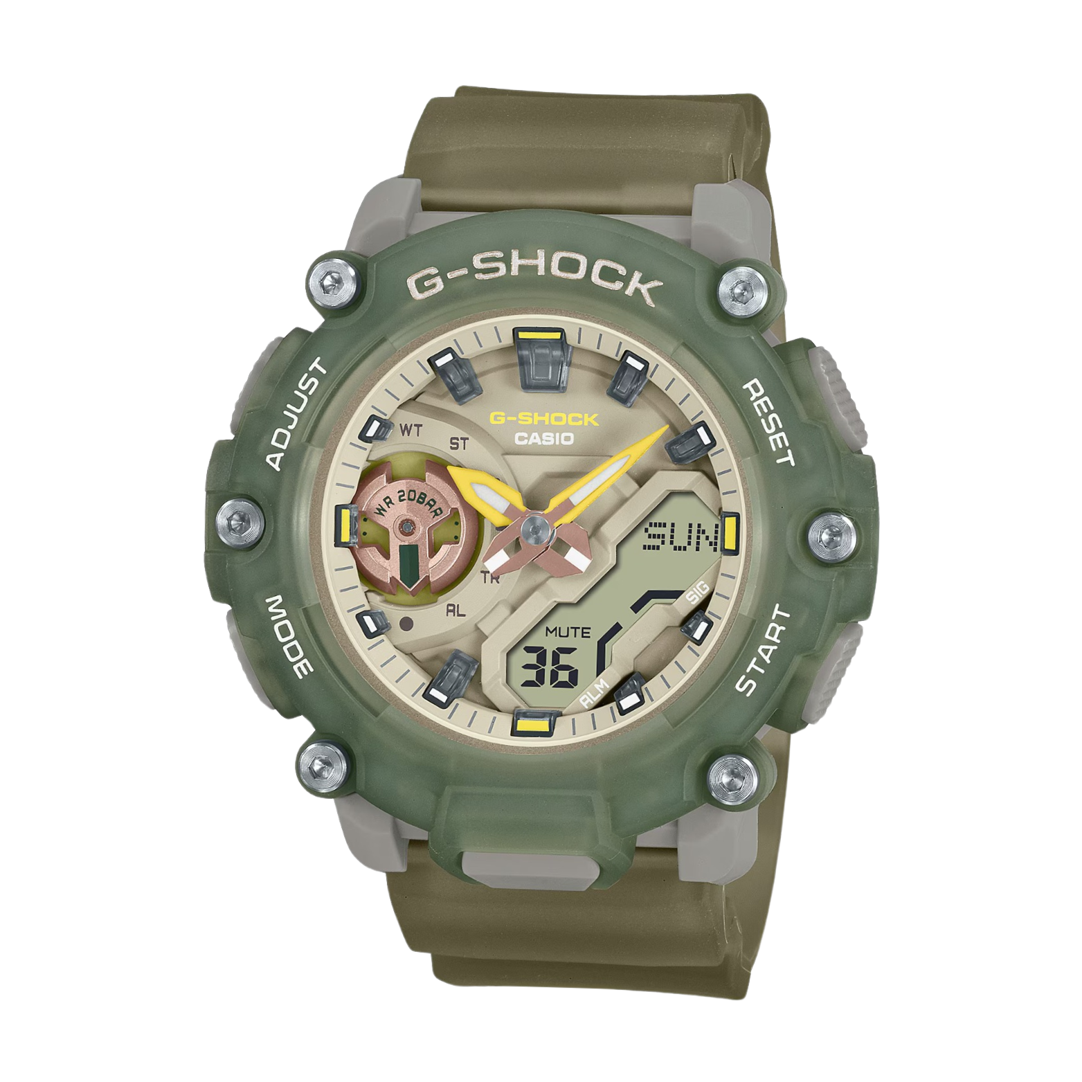 A Casio G-Shock watch with a green band and casing, featuring an analog-digital display in beige and green colors.