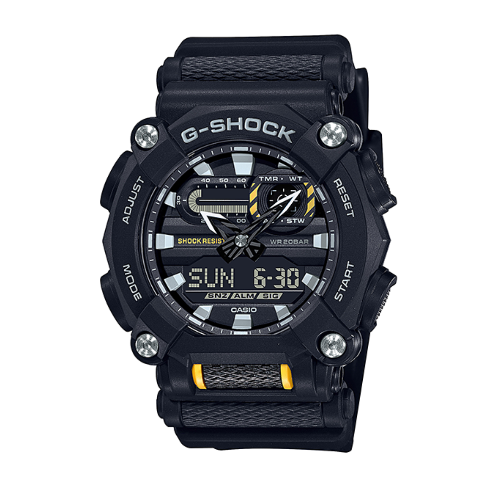 A black CASIO G-SHOCK watch with an analog-digital display, buttons, and a resin band.